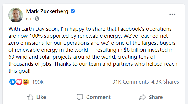 FACEBOOK ANNOUNCES GLOBAL OPERATIONS NOW SUPPORTED BY 100% RENEWABLE ENERGY 
